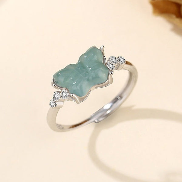 Natural Blue Water Jade Butterfly Ring