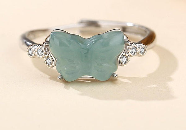 Natural Blue Water Jade Butterfly Ring